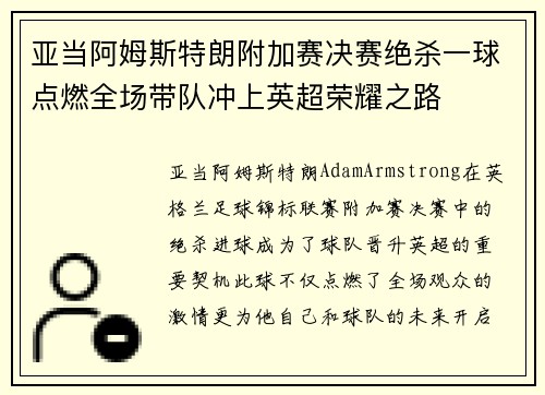 亚当阿姆斯特朗附加赛决赛绝杀一球点燃全场带队冲上英超荣耀之路