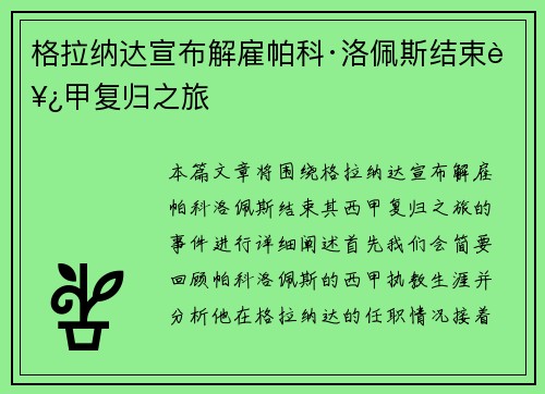 格拉纳达宣布解雇帕科·洛佩斯结束西甲复归之旅 格拉纳达宣布解雇帕科·洛佩斯结束西甲复归之旅