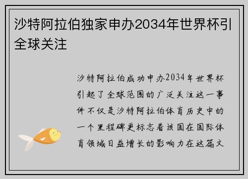 沙特阿拉伯独家申办2034年世界杯引全球关注